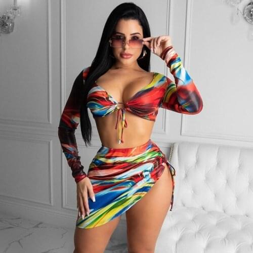 2021 New Fashion Ladies Printed Swimsuit Sexy Long-sleeved Three-piece Bikini with Chest Pad and Tie-dye Without Steel Support