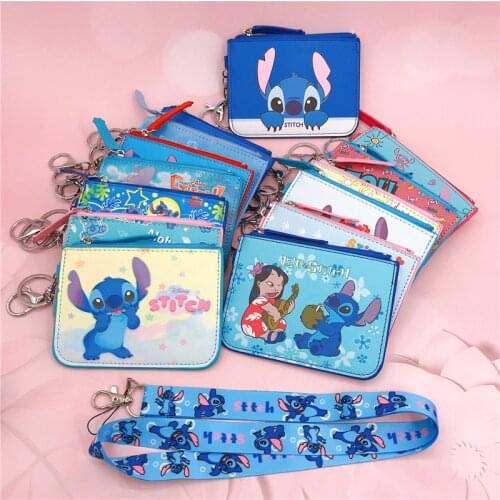 Disney New Lilo and Stitch PU Coin Purse Childens Anime Print ID Card Holder Girl Women Credit Card Badge Holder with Lanyard