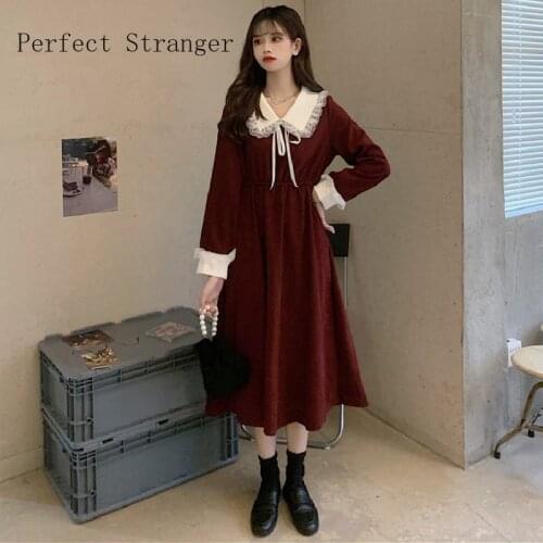 2021 Autumn Winter New Arrival High Quality French Retro Peter Pan Collar Bow Collect Waist Women Long Dress