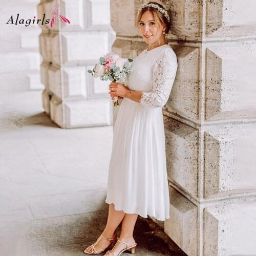 Simple Short Wedding Dress Plus Size Scoop 3/4 Sleeves Vestido de noiva Mid-Calf White Lace Wedding Gown 2020