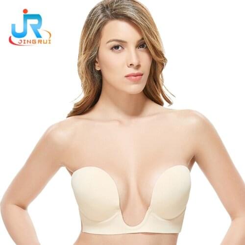 Hot sales one-piece deep U silicone bra flanked together invisible chest paste without shoulder strap underwear