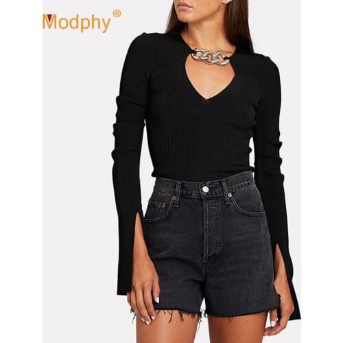 V Neck Knitted Sweater Flared long sleeve T Shirt Pullover Tops 2020 Autumn Winter Knit Metal Female Bodycon Party Clothing
