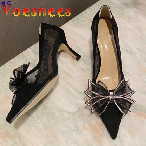Voesnees Womens Pumps Pointed Toe Mesh Cloth Single Shoes 2021 Rhinestones Bow Sequins Shallow Mouth Womens Shoes High Heels