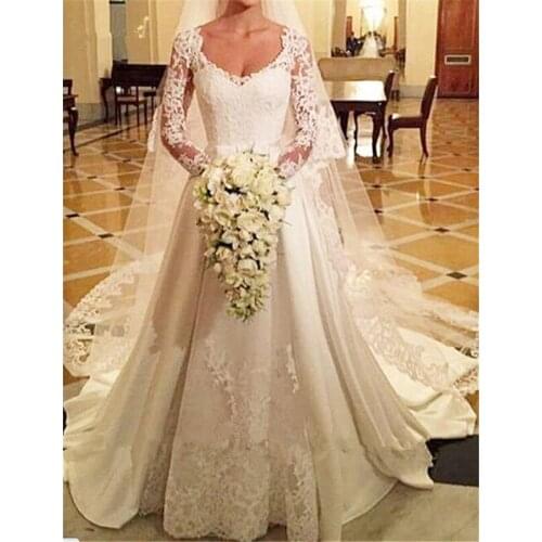 High quality Lace see through Wedding Dress 2018 vestido de noiva scoop long sleeves Appliques princess Bride dress wedding gown