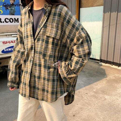 Women Blouses Plaid Shirts Long Sleeves Summer Sun-proof Casual Outwear Vintage Harajuku Students All-match Tops Loose Oversize