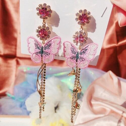 MENGJIQIAO Hot Sale Fashion Korean Butterfly Rhinestone Drop Earrings For Women Elegant Crystal Tassel Pendientes Party Jewelry