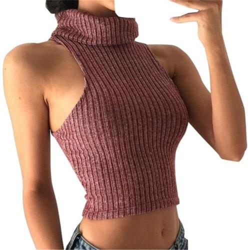 Women Sexy Bustier Crop Tops Sleeveless Knitted Short Tops Turtleneck Sweater Knitted Casual Pullover Tank Tops 2019