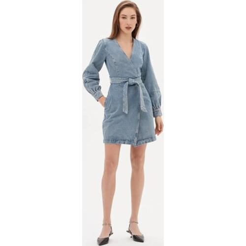 Women Casual Front Cross Bow Belt With Rivets Denim Mini Dress Sexy V-neck Puff Sleeves Vintage Sheath Dress 2021 fashion Dress