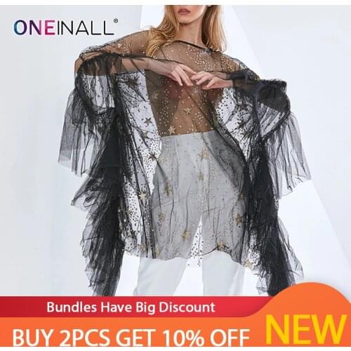 ONEINALL Star Dot Sequined Sheer Mesh Dress For Women Batwing Sleeve Loose Oversized Thin Light 2021 New Summer Dresses Female