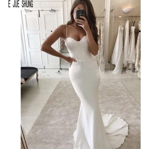 E JUE SHUNG Simple Spaghetti Straps Wedding Dresses Appliques Lace Up Back Mermaid Bridal Gowns for women Summer Bride Dresses