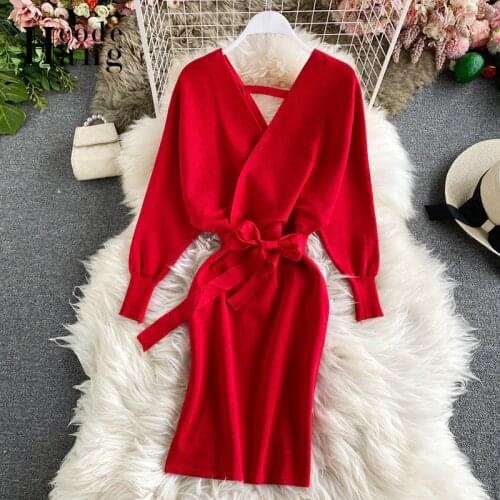 HangCode Elegant Knit Sweater Dress Women 2020 Autumn Winter Long Sleeve Bodycon Dress Red Christmas Party Lady Ribbed Knitwear