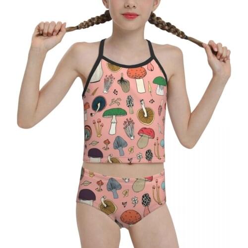 2021 hippie anime Swimsuit for junior high school Girl Print Pink Mushroom Surface Biquini Wholesale Brand for Children Girl