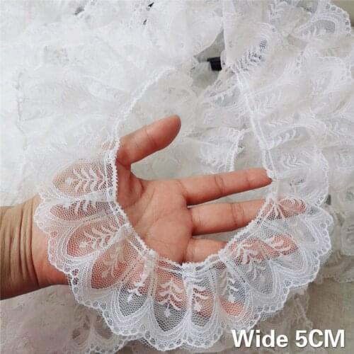 5CM Wide Luxury White Soft Tulle Mesh Fabric Embroidered Pleated Lace Ribbon Collar Trim Wedding Dress Sewing DIY Clothing Decor