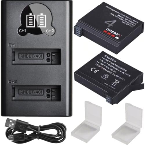 Action Camera Battery for GoPro Hero 4, AHDBT-401, Hero 4 Black, Hero 4 Silver + Charger with Type-c Port