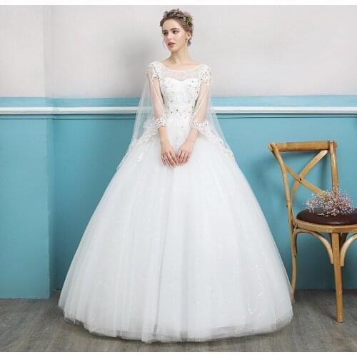 White Wedding Dress Crystal Embroidery Half Sleeves Fashion O-Neck Backless Floor-Length Plus Size Wedding Gowns For Women G073