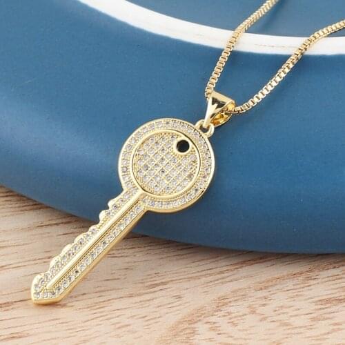 Box Chain Gold Color Micro Pave Crystal Key Pendant Necklace For Women Charm Choker Wedding Jewelry Gift