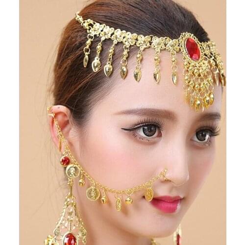 1 Set Indian Belly Dance Nose Chains And Studs Earring And Front Necklace Women Gold Earrings Hoop Show Accessories