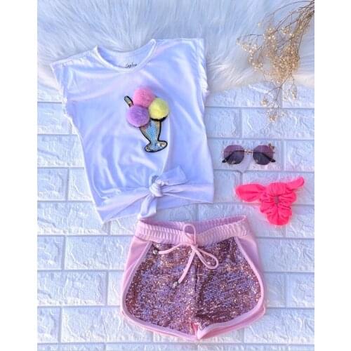 FOCUSNORM Summer Fashion Kids Girls Clothes Sets 1-6Y Ice Cream Print Sleeveless Tops Sequined Elastic Shorts 2pcs