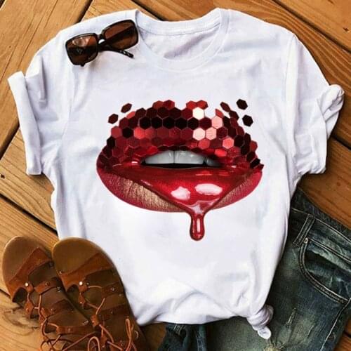 Fashion Lipstick print T-shirt Women Fashion Lips Sequins Graphic T-shirt Kawaii Summer Short Sleeves Tops Female T-shirt Tees