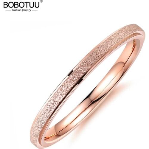 BOBOTUU Classic Rose Gold Engagement Rings For Women 2mm Width Scrub Stainless Steel Party Finger Ring Christmas Gifts BR19158