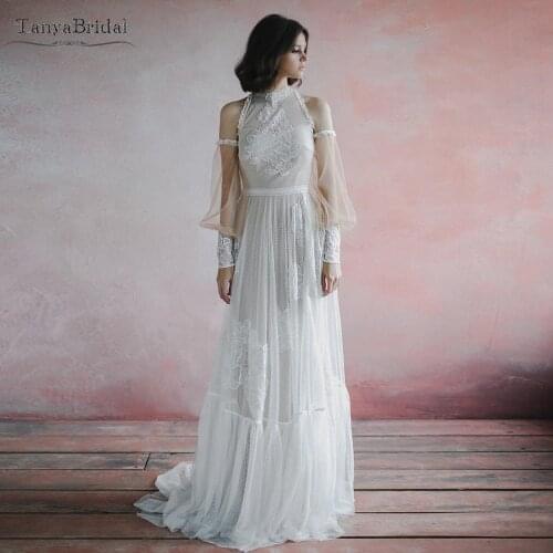 A Line Lace Wedding Dresses Dreamy Boho Dot Tulle Emboridery Bridal Gowns detachable lantern Sleeve Engagement Noivas DW487