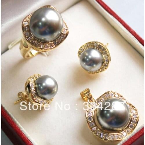 New Listed!Free shipping Gray South Sea Shell Pearl Ring Pendant Earring Jewelry Set