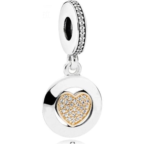 Original Signature Gold Love Heart With Crystal Pendant Beads Fit 925 Sterling Silver Bead Charm Bracelet Diy Jewelry
