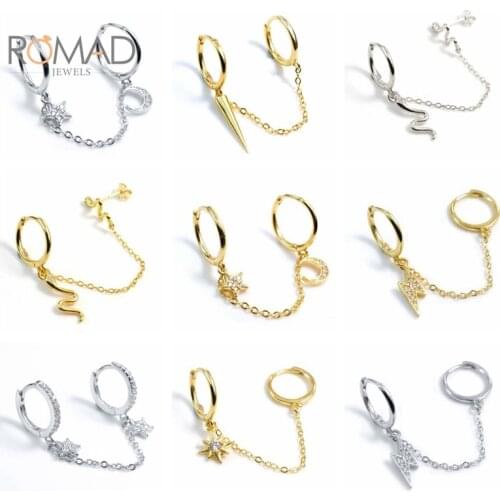 ROMAD 925 Sterling Silver Snake Star Lightning Pendant Piercing Earring Link Chain Double Circle Hoop Earrings Pendientes Mujer