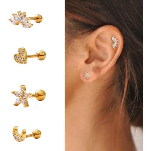 Floral Star Heart Cross Flower Crown Bar Cartilage Piercing Stud Helix Jewelry Tragus Conch Rook Earlobe Screw Back Earring