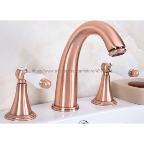 Antique Red Copper Bathroom Sink Faucet Widespread 3pcs Ceramics Handles Basin 3 Holes Mixer Tap Nrg069