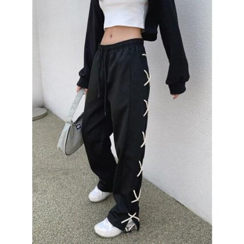Real shot sports pants 2021 new womens loose cross strap design beamed casual pants thin lantern straight leg pants