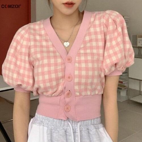 High Quality Women V-Neck Plaid T Shirt Puff Sleeve Knitwear INS Tops Clothing 2021 Autumn Tees Blouse Roupas Femininas
