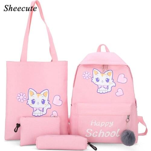 Women Backpack Canvas Childrens School Bags for Teenager Girls Backpack Cartoon Cat Print Kids School Bags Knapsack 4pcs/set