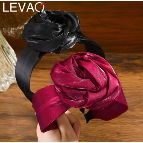 Levao New Silk Solid Color Flower Headband For Women Shiny Rose Hairbands Hoop Bezel Headwear Hair Accessories