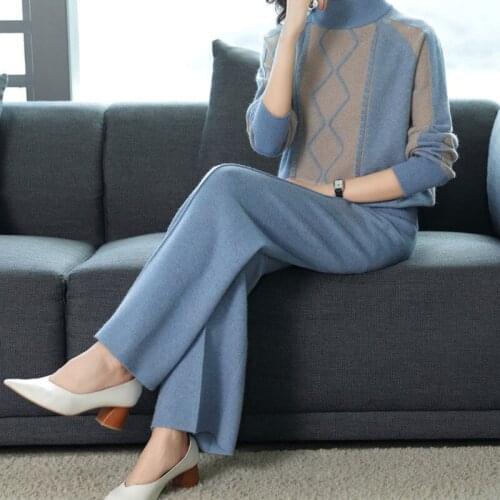 Blue Patchwork Pattern Sweater Two Piece Set Fashion Warm Turtleneck Tops And Knitted Wide Leg Pant Suit 2020 Fall Casual Wear