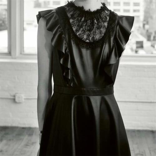 2021 Fall Women New Round Neck Short Sleeve Layered Decorative Lace Plus Seam Embroidered Midi Faux Leather Dress