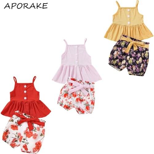 2021 2-7Y Casual Kids Baby Girl Clothes Set Button Solid Color Sleeveless Top Vest+Bow Floral Print Shorts Summer Sweet 2pcs