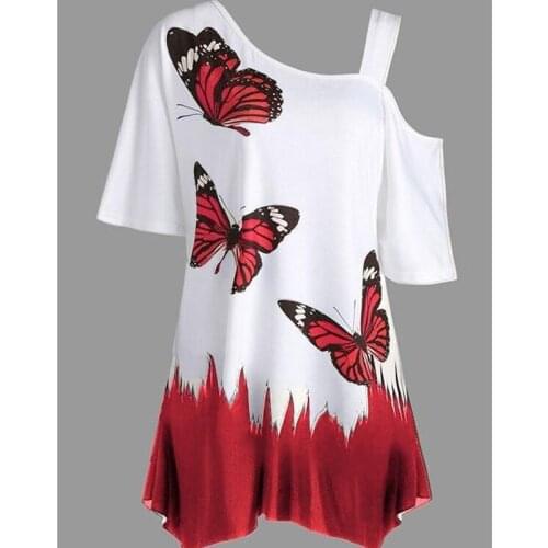 2021 Summer Women Casual T-Shirts Butterfly Printed Tee One Shoulder Irregular Top Female Big Plus Size Loose Tee Tops S-5XL