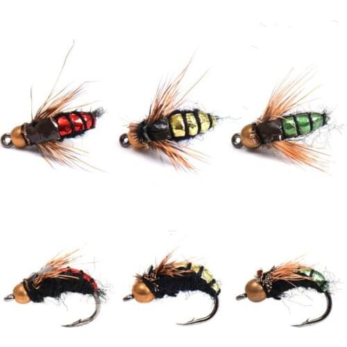8PCS #12 Hot Sale Brass Bead Head Fast Sinking Nymph Scud Fly Bug Worm Trout Fishing Flies Artificial Insect Fishing Bait Lure