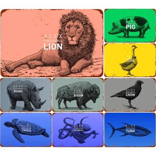 Alex Engraving Colorful Animal Vintage Tin Signs Lion Rhino Crow Octopus for Children Gifts Yard Sign Bar Decoration Poster