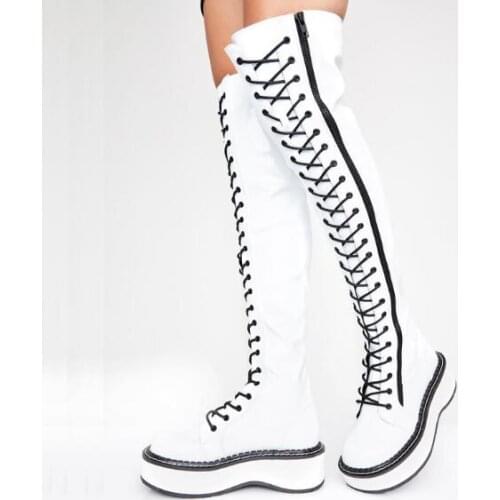 Girls White Black Red Leather Patchwork Cross Lace Up Thigh Boots Woman 3 cm Thick Sole Round Toe Platform Over The Knee Boots