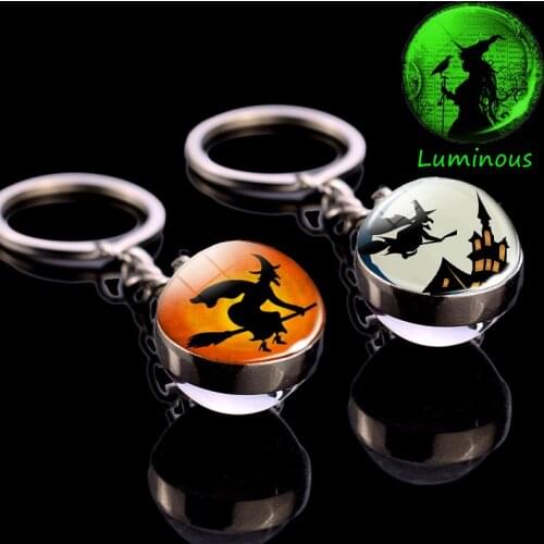 Anime Witch Magic Broom Photo Keychain halloween Eve Statement Jewelry Luminous Glass Ball Keychains Keyrings Women Men Bijoux