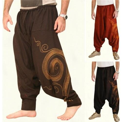 Vintage Men Harem Elastic Casual Baggy Pants Drawstring Yoga Harem Pants Hip-hop Men Gypsy Cotton Linen Wide-legged Loose Pants