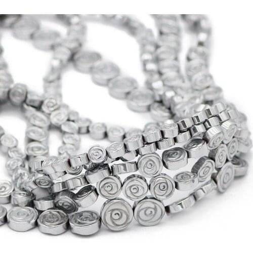 Flat Round Silvers Natural Hematite Stone Rose Flower Shape Spacer 6/8/10MM Loose Beads For DIY Jewelry Making Bracelet Findings