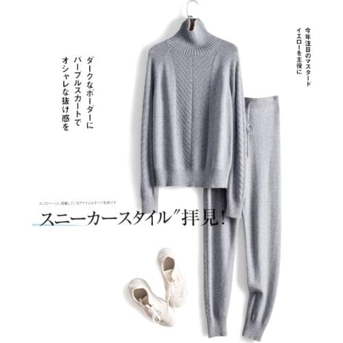 30%Wool + 45% Cashmere Knit warm Suits high collar cashmere woolen Sweater + Mink Cashmere Trousers Leisure Two-pieces sets F359