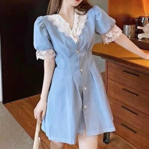 Japanese Sweet Mini Dress Women Patchwork Design Lace V-neck Party Dress Female Puff Sleeve Summer Office Lady Kawaii Dress 2021