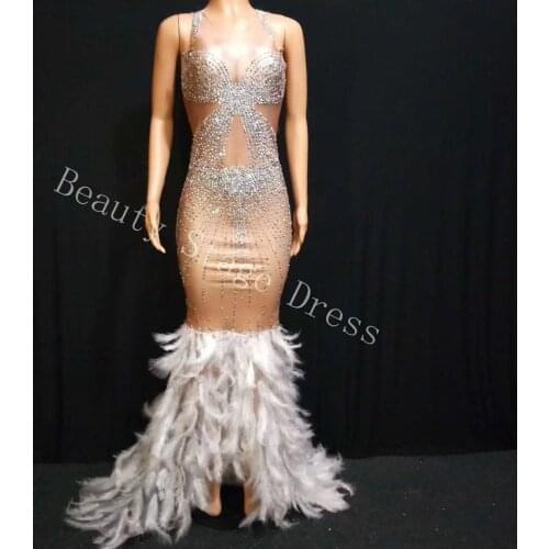 Fashion Design White Feather Nude Mesh Stones Dress Long Tail Birthday Celebrate Transparent Net Dress Evening Costume Dress