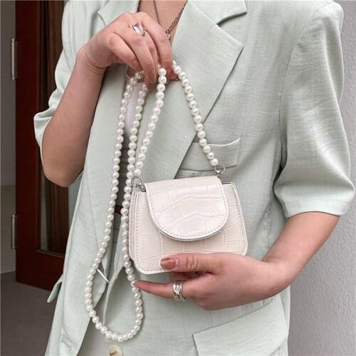 Fashion Stone Pattern Messenger Bags For Women 2021 Pearl Chain PU Leather Solid Color Chain Mini Shoulder Crossbody Bags