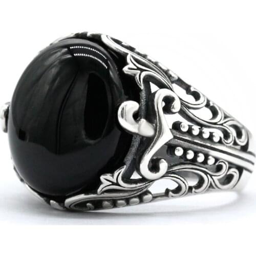 Natural Black Agate Ring for Men 925 Sterling Silver Mens Sword Aqeeq Rings Turkish Handmade Religious Jewelry Gift Size 8-12