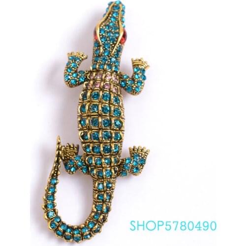 New Arrival Rhinestone Crocodile Brooches Vintage Animal Breast Pins Fashion Jewelry Ladies Party Accessories Anti Gold Color
